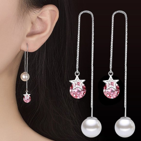 Jewelry - 925 Sterling Silver Line Zircon Crystal Pearl Pentagram Earrings for Woman, K050